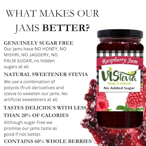 Image of VIStevia Sugar Free Raspberry Jam, Diabetic & Keto Friendly - Naturally Sweetened with Stevia And Contains More Than 60% Whole Berries - Tastes Delicious, Pack of 1 (400g)