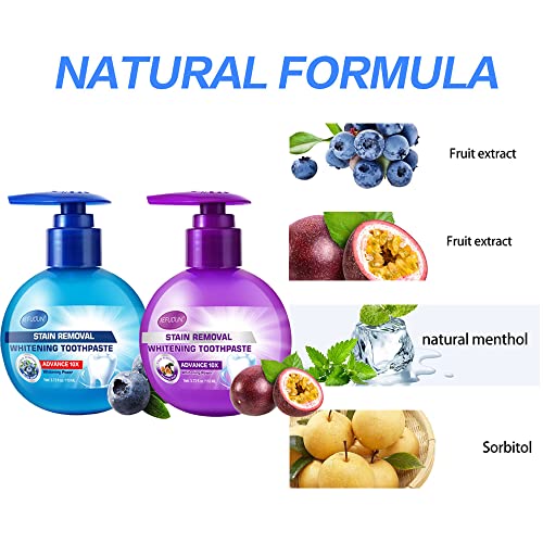 Intensive Stain Removal Gel Toothpaste, Baking Soda Whitening Toothpaste, Fresh Breath Oral Care Fight Bleeding Gums, Natural Fluoride-Free Press Toothpaste (2Pcs(1*Blueberry+1*Passion Fruit)) #TOP6
