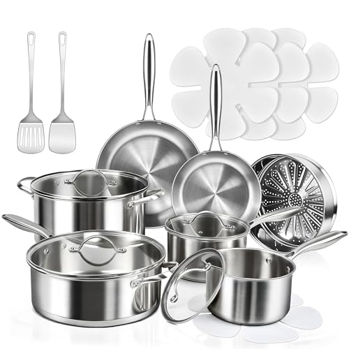 16-Piece Pots and Pans Set, Tri-Ply Stainless Steel Cookware Set with Lids, Non-toxic Kitchen Cooking Set, Dishwasher-Friendly, Induction-Ready, Even Heating, Heavy Duty, Compatible with All Cooktops