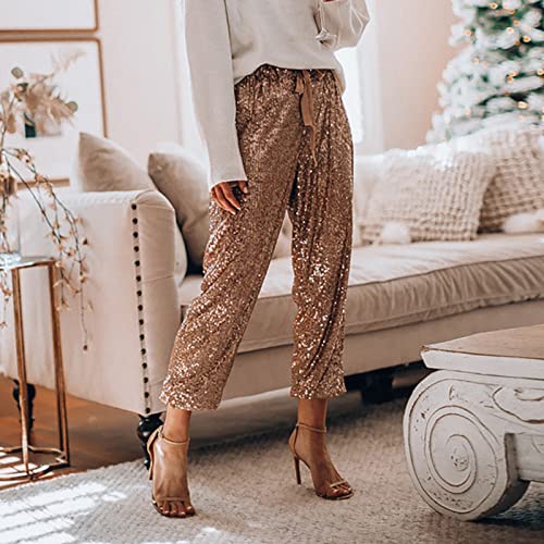 Generic Sequin Joggers for Women Casual Drawstring Elastic Sparkle Glitter High Waist Pencil Pants Trousers Clubwear Pants4