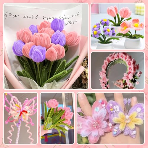 Onlyesh 500 Stück Pfeifenputzer zum Basteln, 5 Farben 30cm Pfeifenreiniger, mit 20 Stück Blütenstiel und Schleifenband, für Blumenstrauß DIY Basteln