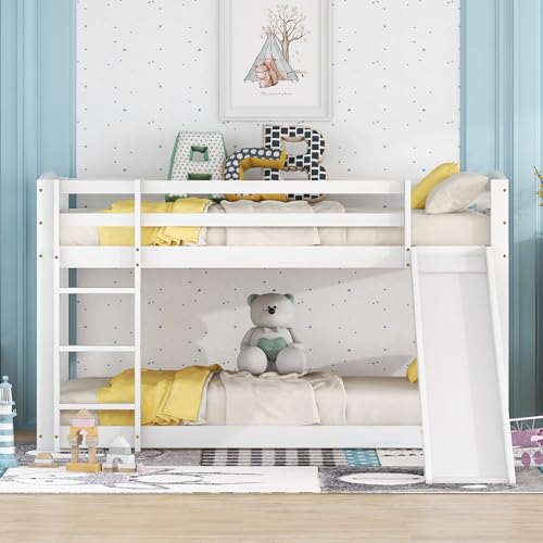 Wiuzo Etagenbett für Kinder und Jugendliche, Kinderbett mit Rutsche, Massivholzrahmen, einfache Montage, 90x200cm, weiß