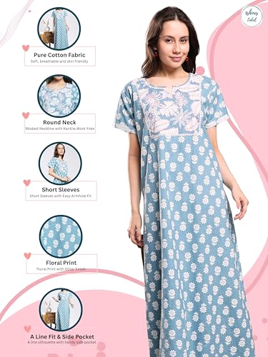 Image of 9shines Label Stylish Pure Cotton Nighty Maxi for Women | Embroidery Neckline Nightgown | A-Line Nightdress with Pocket | Floral Night Gown| Soft Comfortable Cotton Sleepwear (Cotton Yoke)