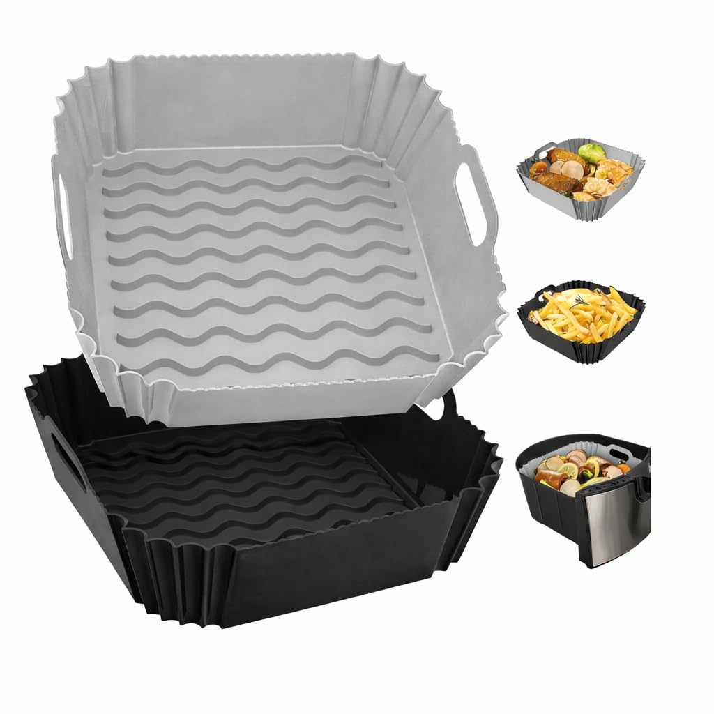 2 PCS Air Fryer Liners I Square Silicone Basket Baking Tray I Pot with Ear Handles I Nonstick Reusable Heat Resistant I Cooking Oven Insert Accessories - Multicolor (Square Liner, 8 INCH)