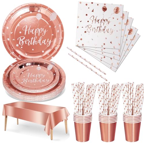 Nkaiso Vajilla de Fiesta Desechable para Cumpleaños 121 Piezas Oro Rosa Puro Juego de Vajilla de papel de Platos Vasos y Servilletas Artículos de Decoración para Fiestas -24 Invitados