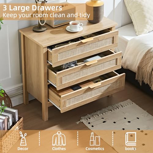 LEYAOYAO 31.5" Wide Rattan Night Stand, Large Boho Nightstand, Bedside Table with Storage, Tall Bed Side End Tables, Chest of Drawers for Bedroom, Living Room, Hallway(Natural,3 Drawers,2) - Image 4