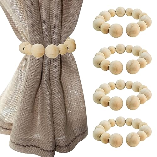 4 Pcs Wood Beads Curtain Holdbacks,Boho Curtain Tiebacks,Outdoor Farmhouse Tie Backs for Curtains,Curtain Holders for Home Office Room Decor (Wooden Bead)