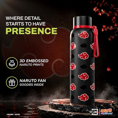 Image of Water Bottle 700ml Stainless Steel | Hot & Cold Flask | ISI Certified Steel Bottle | Three Layer Insulation | Leakproof for Home, Office | 1-Year Warranty | Naruto | Black - Akatsuki Cloud