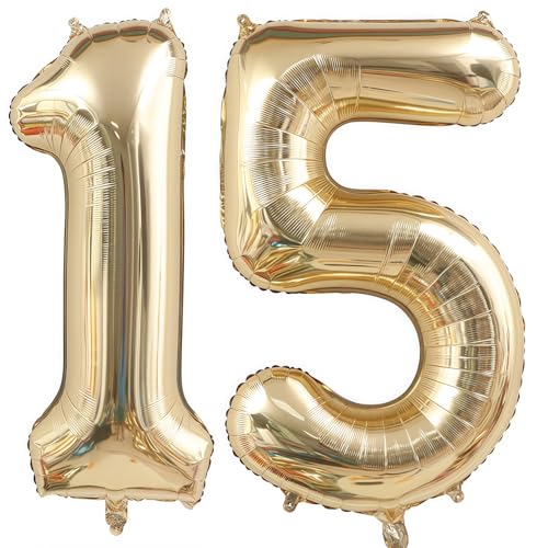 Image of Champagne Gold 15 Balloon Number,40 Inch Light Gold 15 Balloons Big Foil Mylar Helium Number 15 Balloon for Birthday Party Anniversary Decorations