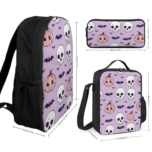 3 Piece Backpack for Women Men Lightweight Causal Daypack Shoulder Bag Set with Insulated Lunch Bag And Pencil Case Organizers Skull And Pumpkin2