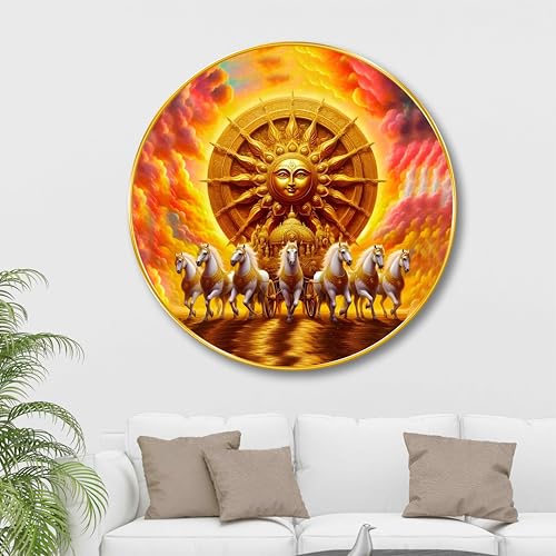 Image of SAF Surya Dev Round Wall Art | 3D Embossed MDF Panel with Golden Rim | Divine Sun God with Seven Horses | Luxurious Religious Art Frame for Wall Decoration (23 x 23 Inch) GR-307