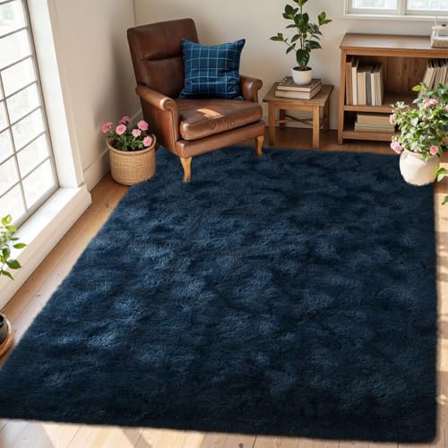 Fluffy Area Rug Blue 3x5 Rugs for Bedroom, Plush Soft Navy Blue Shag Carpet for Living Room Boys Book Room Nursery Kids Playroom Dorm Decor