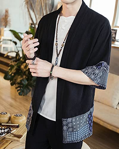 Image of Men's Japanese Kimono Cardigan Loose Cotton Linen 3 /4 Sleeve Open Front Casual Summer Shirt Jackets
