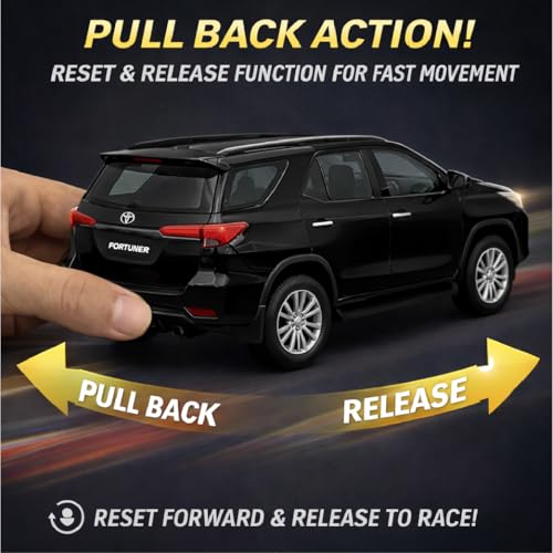 Image of Pringo Fortuner Toy Car for Kids | 1:36 Scale Diecast Pull Back Metal SUV Car | Openable Doors, Boot, Light & Sound | Toyota Fortuner SUV | Gift Toy for Boys 3+ Years | Black
