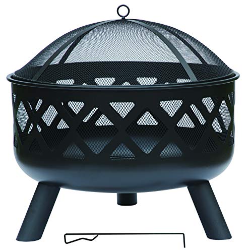 Charles Bentley Round Black Fire Pit with Heatproof Paint Safety Poker Log Grate Mesh Cover Wave Cut Out Design