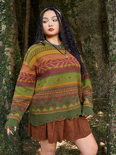 Image of Verdusa Women's Plus Size Graphic Print Drop Shoulder Distressed Sweater Pullover Top Green Brown 3XL