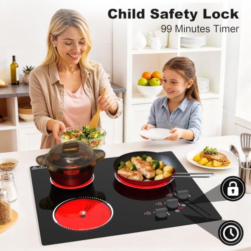 Image of VBGK Electric Cooktop,24 inch 220V Electric StoveTop,Touch and Knob Control,LED,9 Power Levels, KidsLock & Timer Overheat Protection,500w3 burmercooktop.