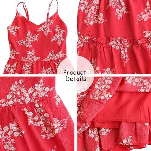 Image of FANCYINN Women Floral Casual Tiered Mini Dresses Spaghetti Strap V Neck Backless A Line Swing Short Dress with Pockets