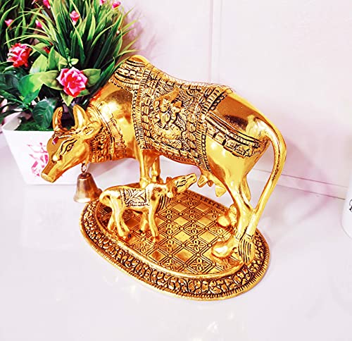 Image of KridayKraft Kamdhenu Cow,Calf with Bal Gopal Krishna Metal Statue for Good Luck,Feng Shui As Table Top Figurine,Vastu,Religious Gau MATA Idol