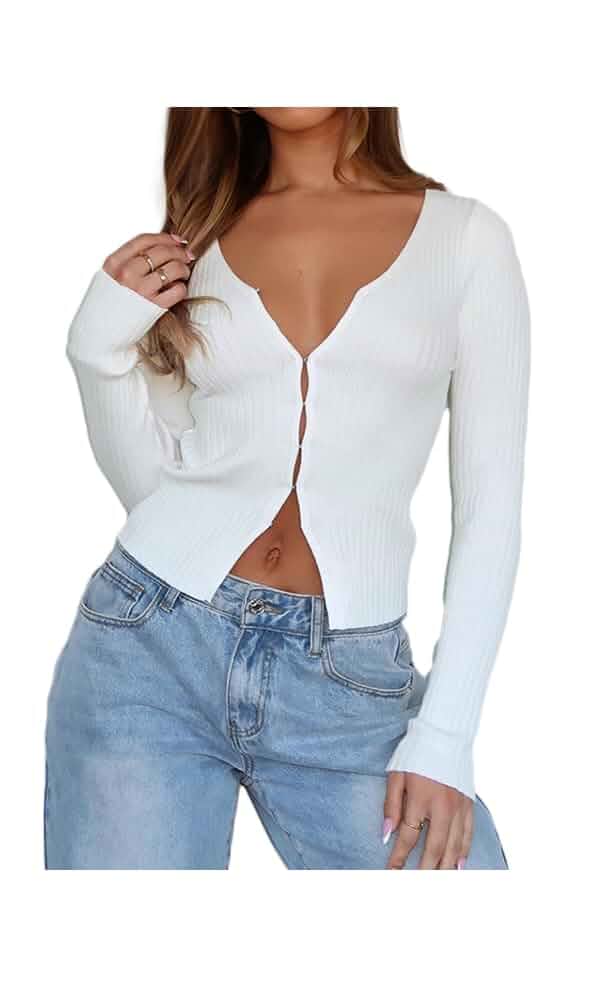 Womens Y2K Long Sleeve Crop Sweater Shirts,Fall Casual Knit Rib Cardigan Slim Fit Going Out Tops Long Sleeve