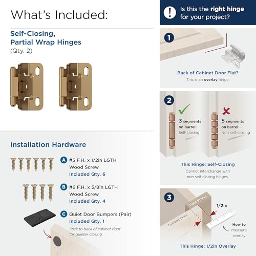 Image of Amerock 1 Pair 1 /2 inch Overlay Champagne Bronze Partial Wrap Cabinet Hinge | Self-Closing Steel Cabinet Hinge for Kitchen and Bathroom Cabinet Doors with a 1 /2 inch (13 mm) Overlay, Partial Wrap