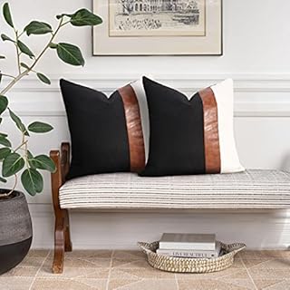 Merrycolor Set of 2 Farmhouse Decor Cushion Covers 45x45 cm, Tan Faux Leather Patchwork Striped Textured Pillow Covers 18x18 inch Cotton Linen Throw Pillow Cases for Living Room Bedroom Black