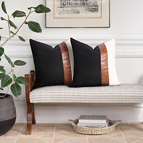Cygnus Set Of 2 Faux Leather And Linen Throw Pillow Covers 20X20 Inch Black And White Modern Decorative Accent Cover For Couch Sofa,Black #TOP1