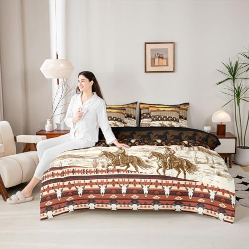 Image of Horse Decor Western 7 Piece Comforter Set Full Bed in a Bag Cow Skull Bedding Sets Cowboys Geometric Aztec Comforter and Sheet Set,Bull Longhorn Skull Bed Sets,Rustic Buffalo Plaid Farmhouse Decor