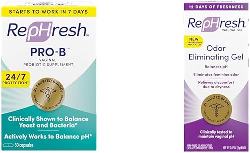 Rephresh Suplemento probiótico Pro-B para mujeres, 30 cápsulas orales y gel vaginal eliminador de olores, 4 unidades (0.07 onzas)