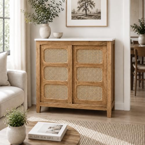 Image of The Attic Crestwood Sliding Doors Kitchen Cabinet, Multipurpose Cabinet for Bedroom Living Room Study bar, Solid Wood Bookshelf Kitchen Cabinet, Light Teak Matte Finish Cane