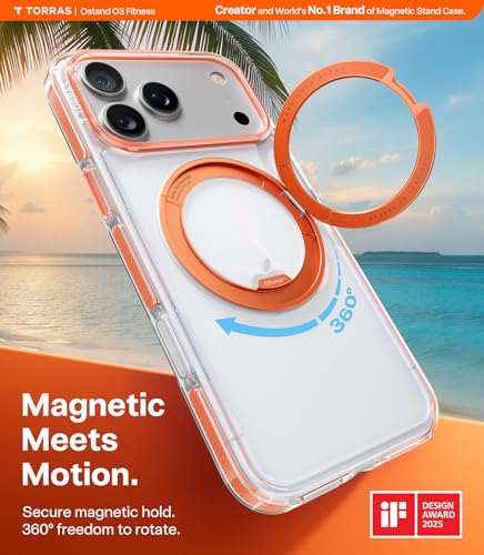 Image of TORRAS 360 Magnetic Stand for iPhone 17 Pro Max Case, [Fit for MagSafe] [4X Military-Grade Protection] Slim Case for iPhone 17 Pro Max 6.9 inch 2025, Clear-Orange, Ostand O3 Fitness Series