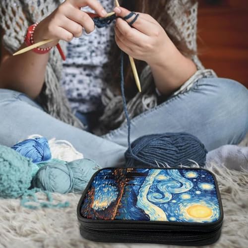 Image of Hudotybom Crochet Hook Case Starry Night Crochet Hook Holder Portable Crochet Hook Storage Bag with Web Pockets Suitable for Crochet Needles /Knitting Accessories