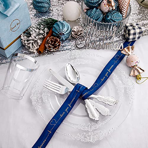 Morejoy 350Pcs Clear Silver Plastic Plates - Silver Disposable Plates Include 50 Dinner Plates,50 Salad Plates,50 Forks,50 Knives, 50 Spoons，50 Cups, 50 Rolled Napkins For Wedding & Party #TOP2