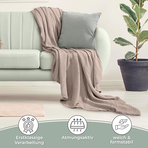 LAYNENBURG Muslinowa narzuta klasy premium, 180 x 220 cm, 100% bawełna, bardzo miękki koc bawełniany jako przytulny, narzuta na łóżko i sofę, ciepły koc na meble