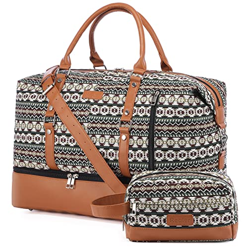 Realer Weekender Bag for Women, Canvas Travel Duffle Bag with Toiletry Bag, Large Carry on Overnight Bag with Shoe Compartment,Waterproof Weekend Duffel Bag Mommy Hospital Bags for Labor and Delivery