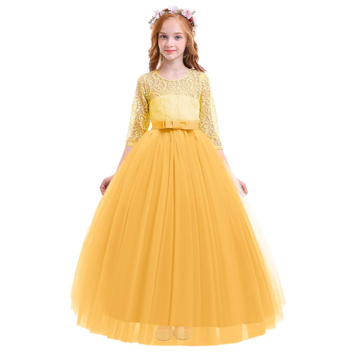 IWEMEK Flower Girls 3/4 Sleeve Floral Lace Tulle First Communion Pageant Dresses Kids Big Girls Princess Birthday Carnival Christmas Bridesmaid Wedding Party Prom Ball Gown 2-14 Years — view 13