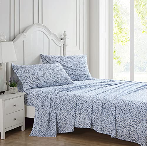 Image of Laura Ashley - Queen Size Sheet Set, Soft Cotton Sateen Bedding with Fitted Sheet and Pillowcases, Floral Room Decor, Deep Pocket, College Dorm Room Essentials (Lavange Vine Blue)