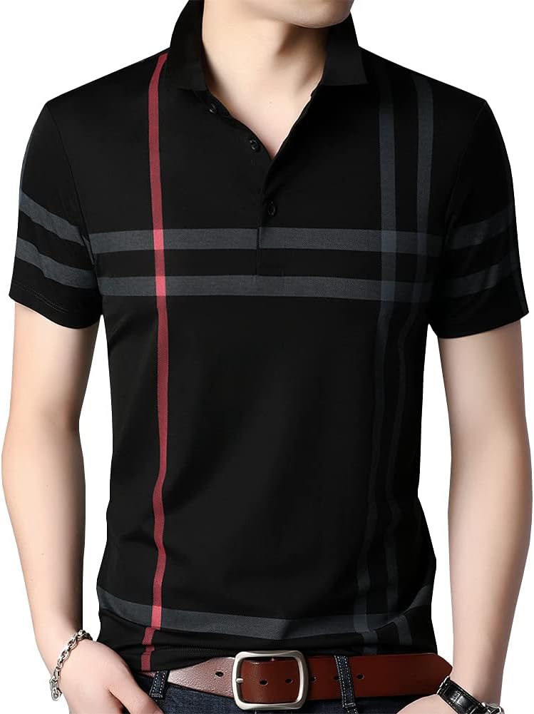 Mens Casual Striped Short Sleeve Collared T Shirt Polo Shirts