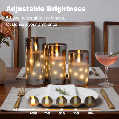 Image of LEDHOLYT Rechargeable Glass LED Flameless Candles, Embedded Star String Flickering Flameless Candles for Romantic Ambiance and Home Decoration with Remote & Timer(Gray)