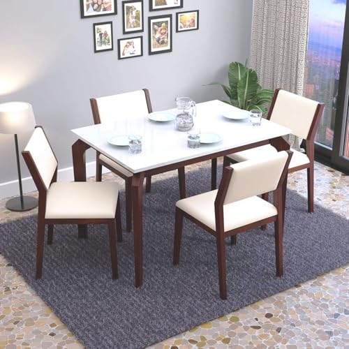 Image of MURALICRAFT Sheesham Wood 45 inch Dining Table Set of 4 | Marble Finish Four Seater Dinning Table with 4 Upholstered Dining Chairs | Table Top: Premium HDMR Wood, Chair: Curved Design, White & Walnut
