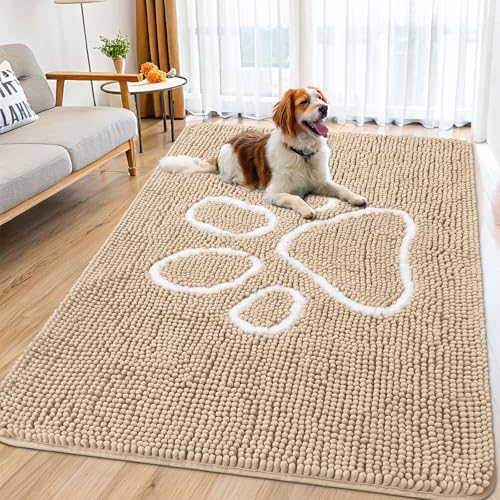 Image of Smiry Dog Door Mat for Muddy Paws, Absorbent Dirt Trapper Non Slip Quick Dry Washable Chenille Mat for Mud Dogs, Entry Rug for Indoor and Outdoor (71x46 Inches, Beige and White)