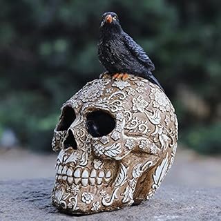 Arola Skull Head Sculpture Crow Decoration, Creative Flowers Skull Desktop OrnamentSkull Collectible for Home Office Desk Supplies.