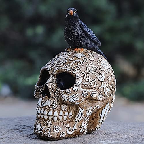 Skull Head Sculpture Crow Decoration, Creative Flowers Skull Desktop Ornament，Skull Collectible for Home Office Desk Supplies.
