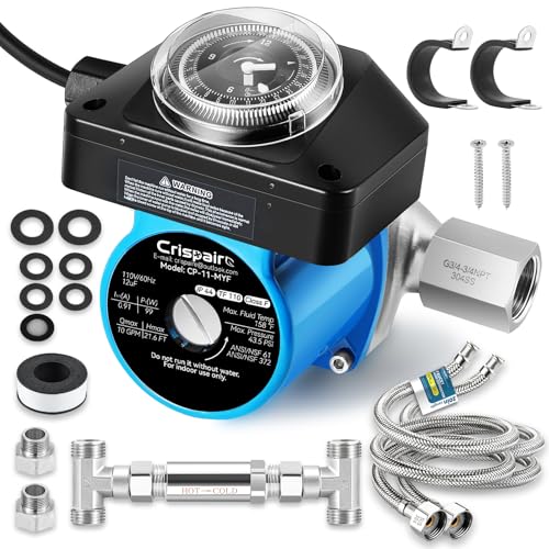 Crispaire Instant Hot Water Recirculating Pump Kit with 304 Stainless Steel Bypass Valve for Tank Water Heaters Includes All Installation Components, And 20-Inch PEX Supply Lines for Potable Water
