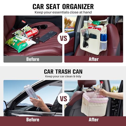 Image of LXUNYI Car Seat Organizer,2 Pack Waterproof Pu Leather Backseat Car Organizer and Storage Bag Foldable Universal Hanging Car Seat Back Organizers for Kids & Adults (Beige 2Pack)