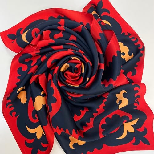 100% Silk Square Scarf 35” Suzani Red & Black Pattern Lightweight Headscarf with Gift Packaging3