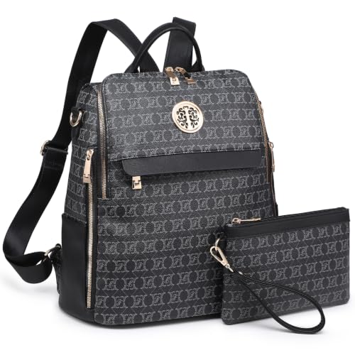 Image of JULIE FERRARO Women's Convertible Backpack Purse Vegan Leather Fashion Backpack Bag Large Capacity Travel Shoulder Bag with Wristlet 2PCS Set