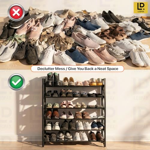 Image of LEOPAX Premium Multipurpose Shoe Rack, 6-Layer Shoe Storage Organizer, Compact Space-Saving Strong & Durable Rack for Entryway, Living Room, Bedroom & Closet - Black