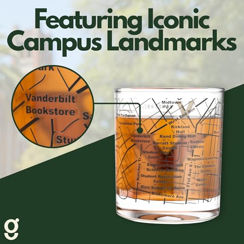Image of Greenline Goods Vanderbilt University Commodores Whiskey Glasses Set of 2, 10 oz Rocks Glasses with Full-Color Logo & Campus Map - Officially Licensed Bourbon Glass Gift for Alumni & Fans