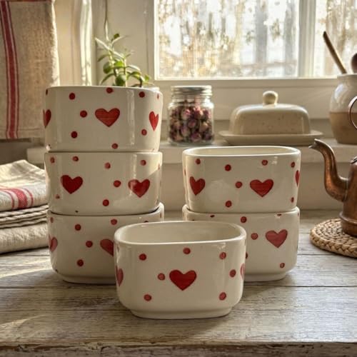 Image of Freakway Ceramic Dip Bowls with Heart shapeDesign, White and Red, Set of 6, Microwave Safe, 40 ml